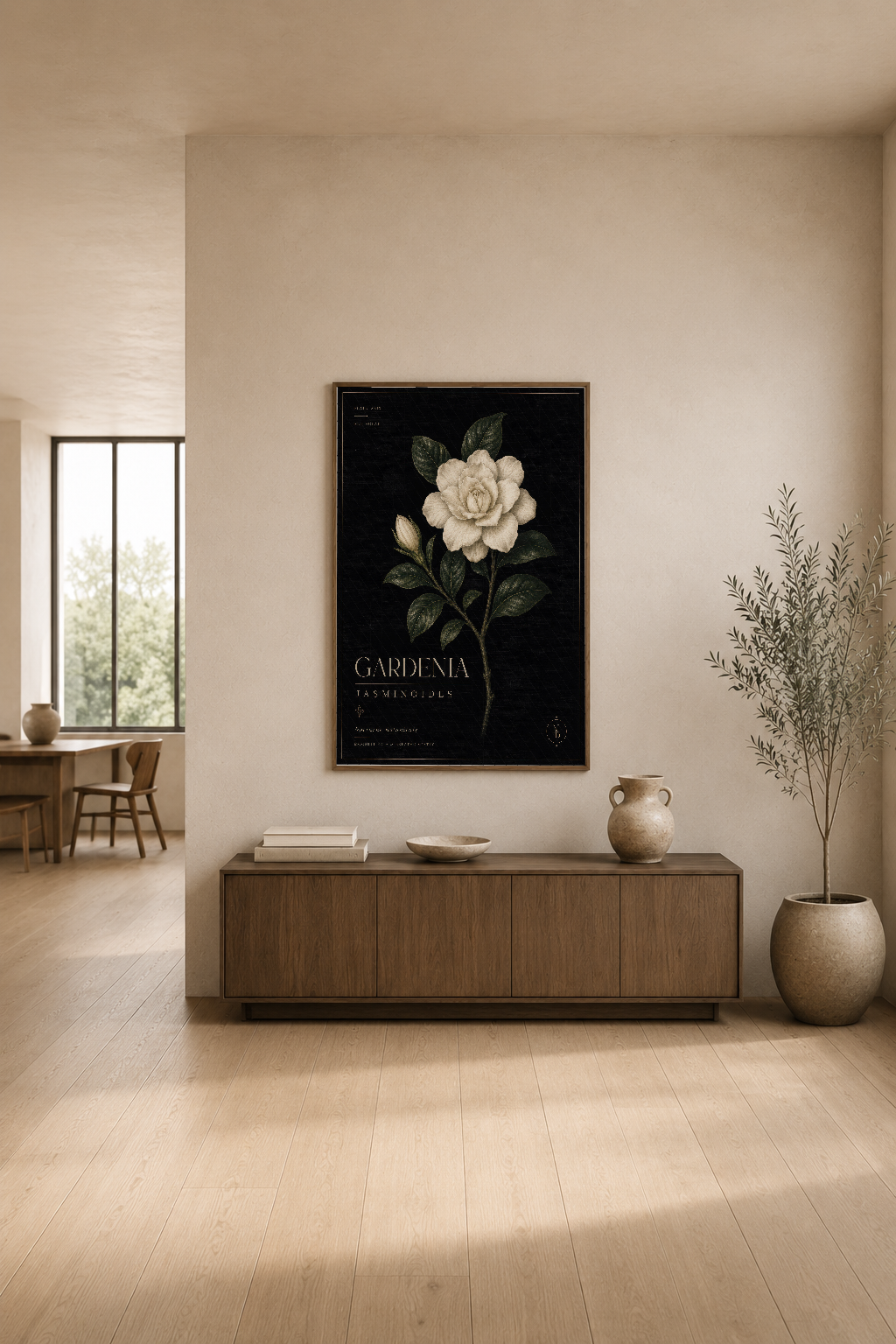 Gardenia jasminoides poster, modern oturma alanında ahşap konsol üzerinde sergilenir.