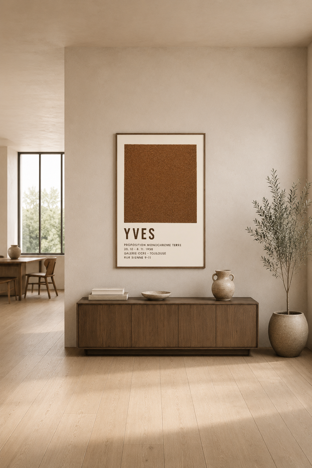 Sahnelenmiş Yves poster, modern oturma alanında ahşap konsol üstünde, doğal ışık ve bitki dekorasyonuyla.