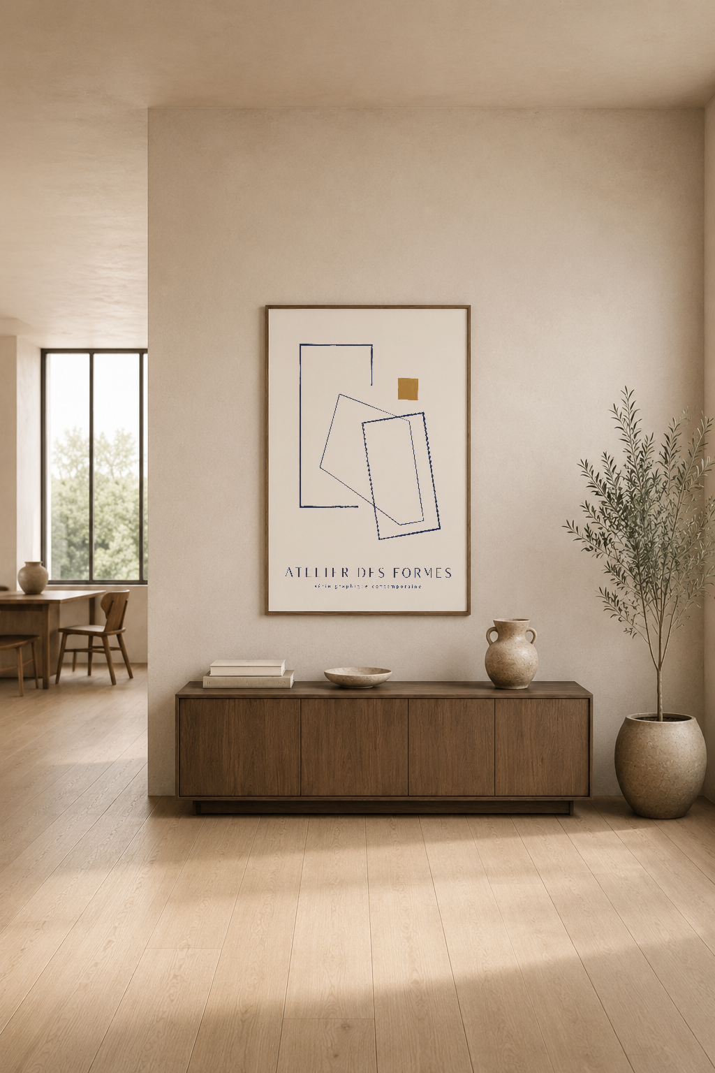Sade çizgiler ve toprak tonlarıyla tasarlanan çağdaş poster, modern iç dekorasyonda konsol üstünde yer alıyor.