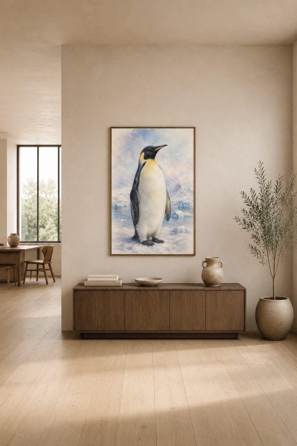 Ahşap mobilyaların üstünde, krem tonlu modern oturma alanında sergilenen, kar ve buz manzarası arka planlı penguen tablosu.