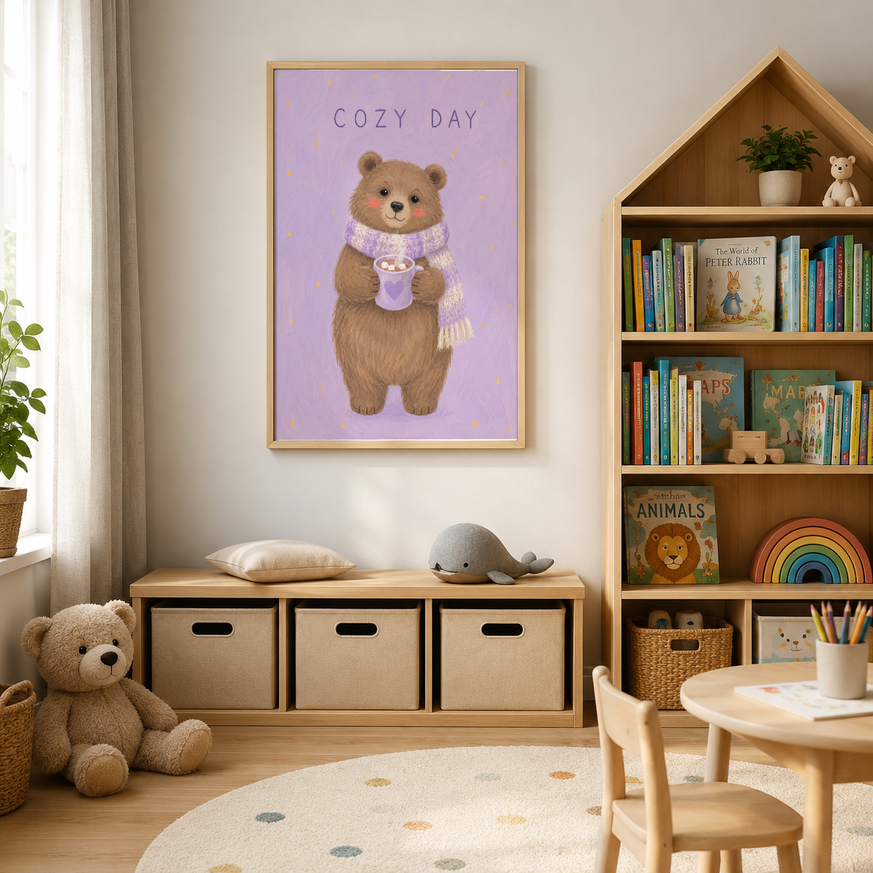 Kahverengi çerçeveli Cozy Day posteri, modern çocuk odasında kitaplık yanında duvar dekorasyonu olarak.