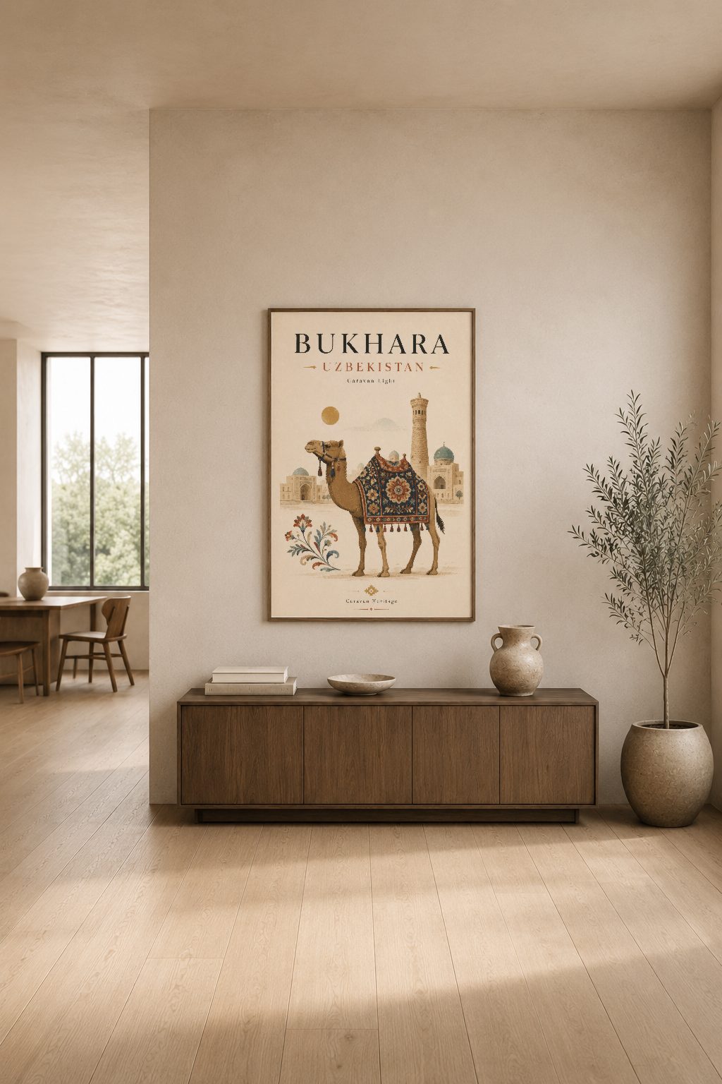 Bukhara Özbekistan tablosu, modern oturma alanında ahşap mobilya üzerinde sergilenen etnik sanat eseri.