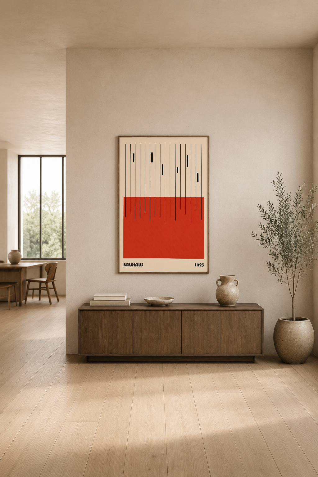 Minimalist Bauhaus tablosu, modern oturma odasında konsol masasının üstünde sergileniyor.