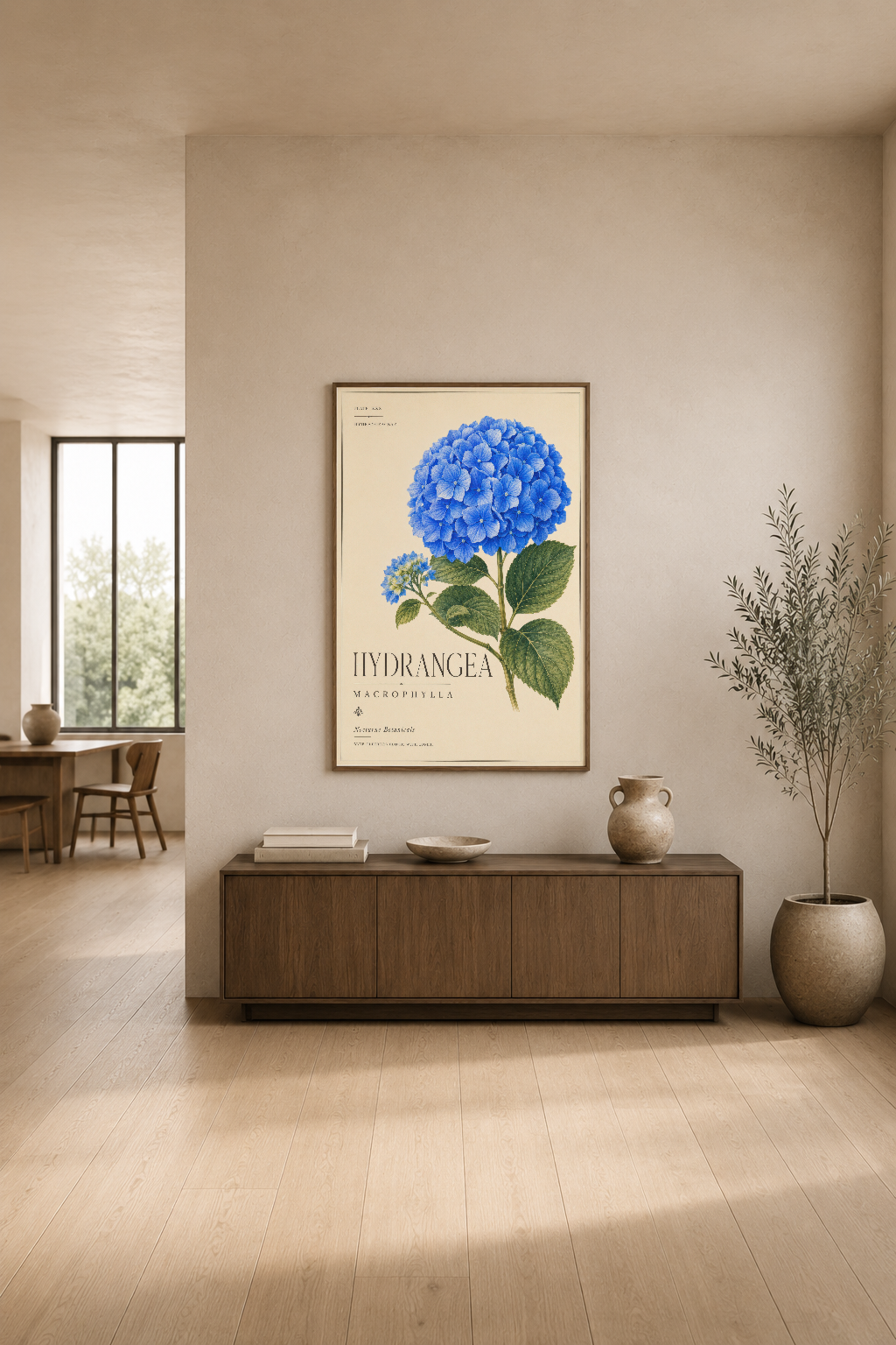 Zarif hortensia baskısı, nötr tonlu modern oturma odasının duvarında, ahşap konsol üzerinde.