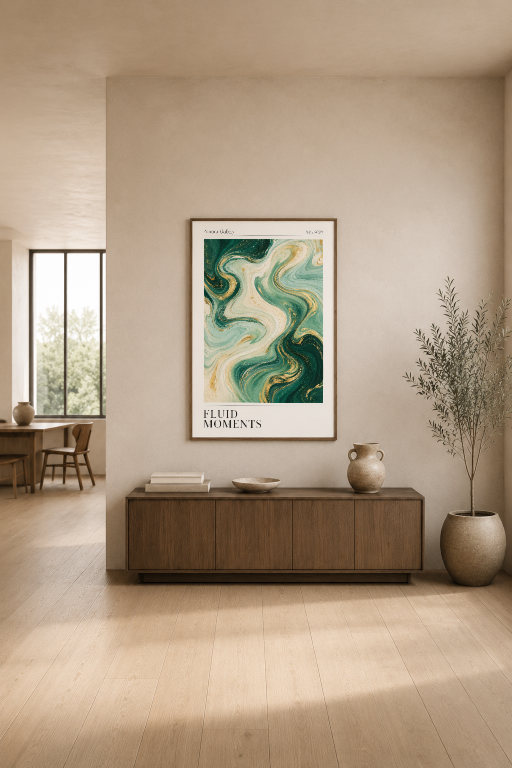Yeşil tonlardaki sıvı motifli sanat eseri, minimalist oturma odasında ahşap konsol üstünde sergileniyor.
