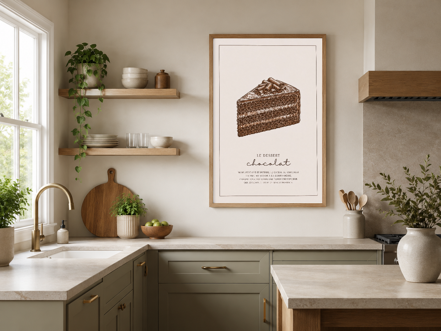 Le Dessert Chocolat tablosu, ahşap çerçeveli, minimalist mutfak tasarımında duvar sanat ögesi.