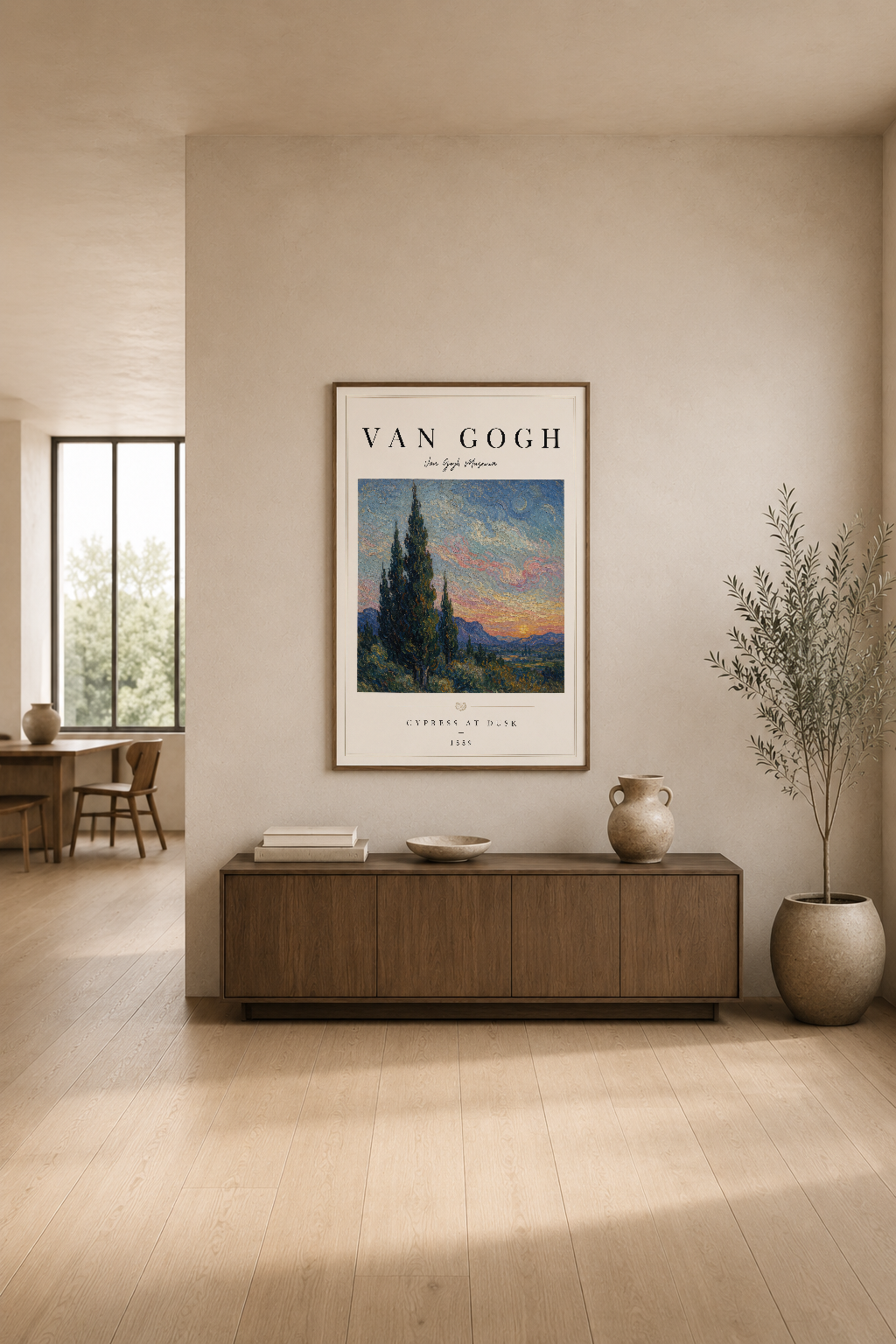 Van Gogh Gün Batımında Selvi posteri, modern minimalist oturma alanının duvarında asılı.