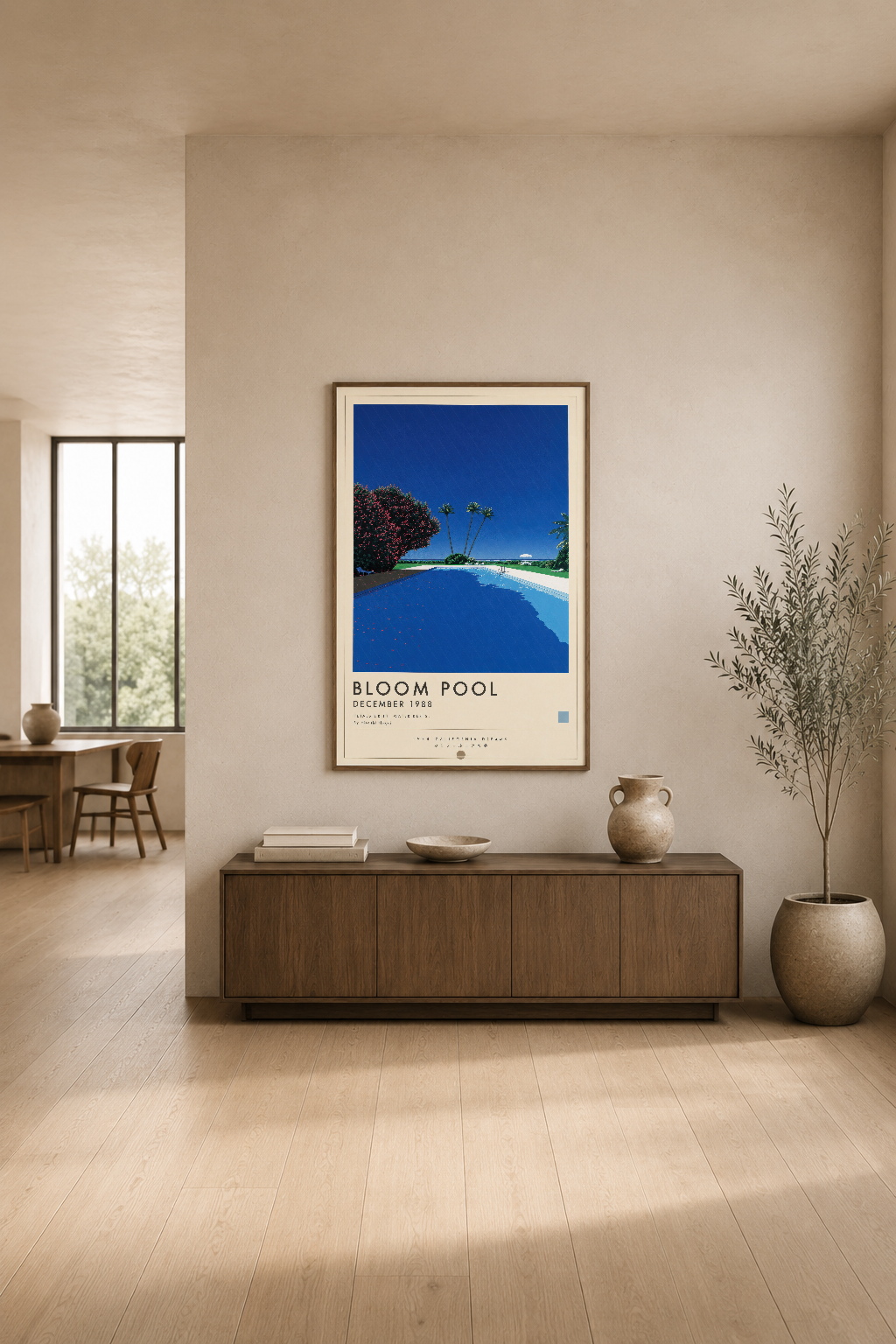 Bloom Pool posterinin sakin minimalist odada, ahşap mobilyanın üstünde sergilenmiş hali.
