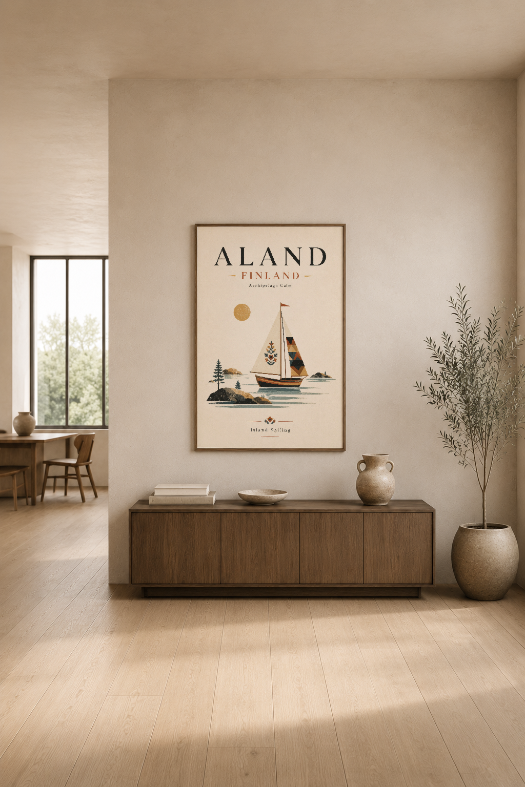 Aland Finland poster, yelkenli motifi, modern oturma odasında konsol üstünde asılı duruyor.