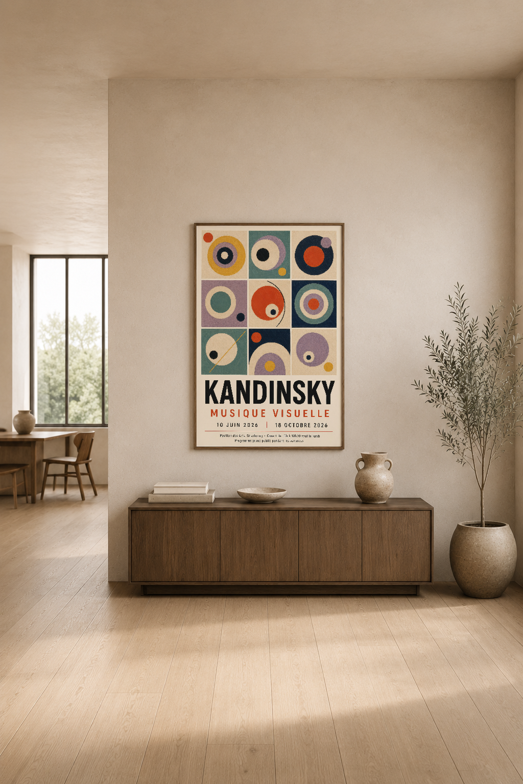 Kandinsky Musique Visuelle poster, modern oturma odasında ahşap konsolun üstünde, minimalist tasarım ve pastel duvar tonuyla