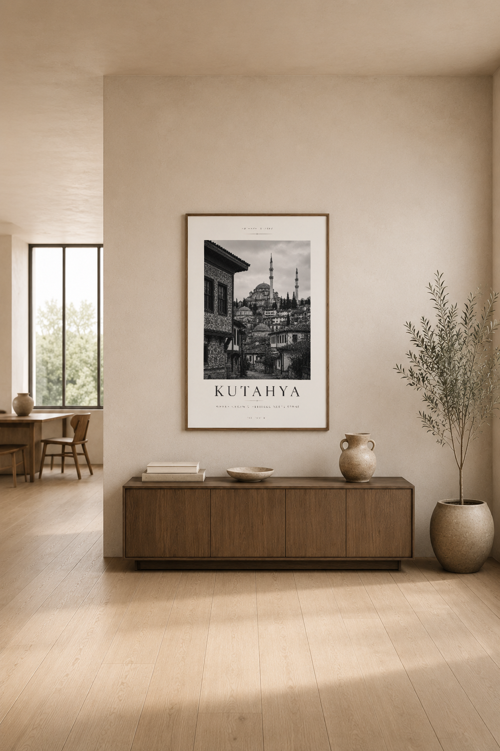 Kütahya tablosu, modern living room dekorasyonunda ahşap mobilya ve vazo aksessuarlarıyla sergileniyor.