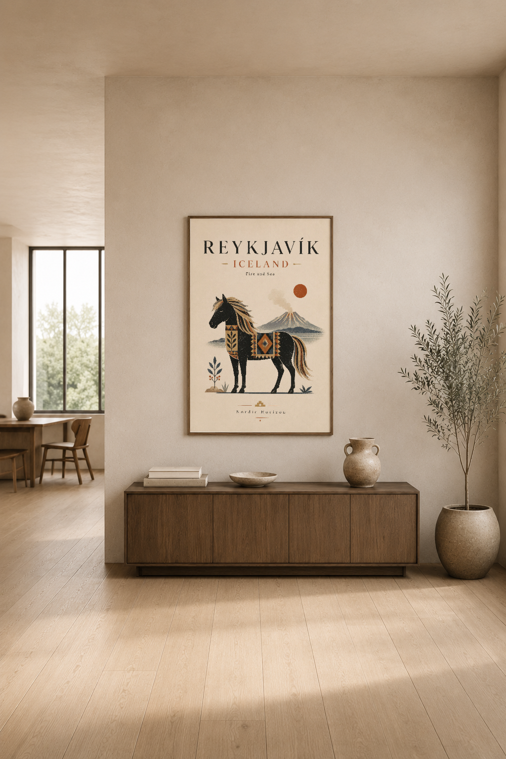Reykjavik İzlanda posteri, ahşap aparatmanda duvar dekorasyonu olarak sergilenmişi.