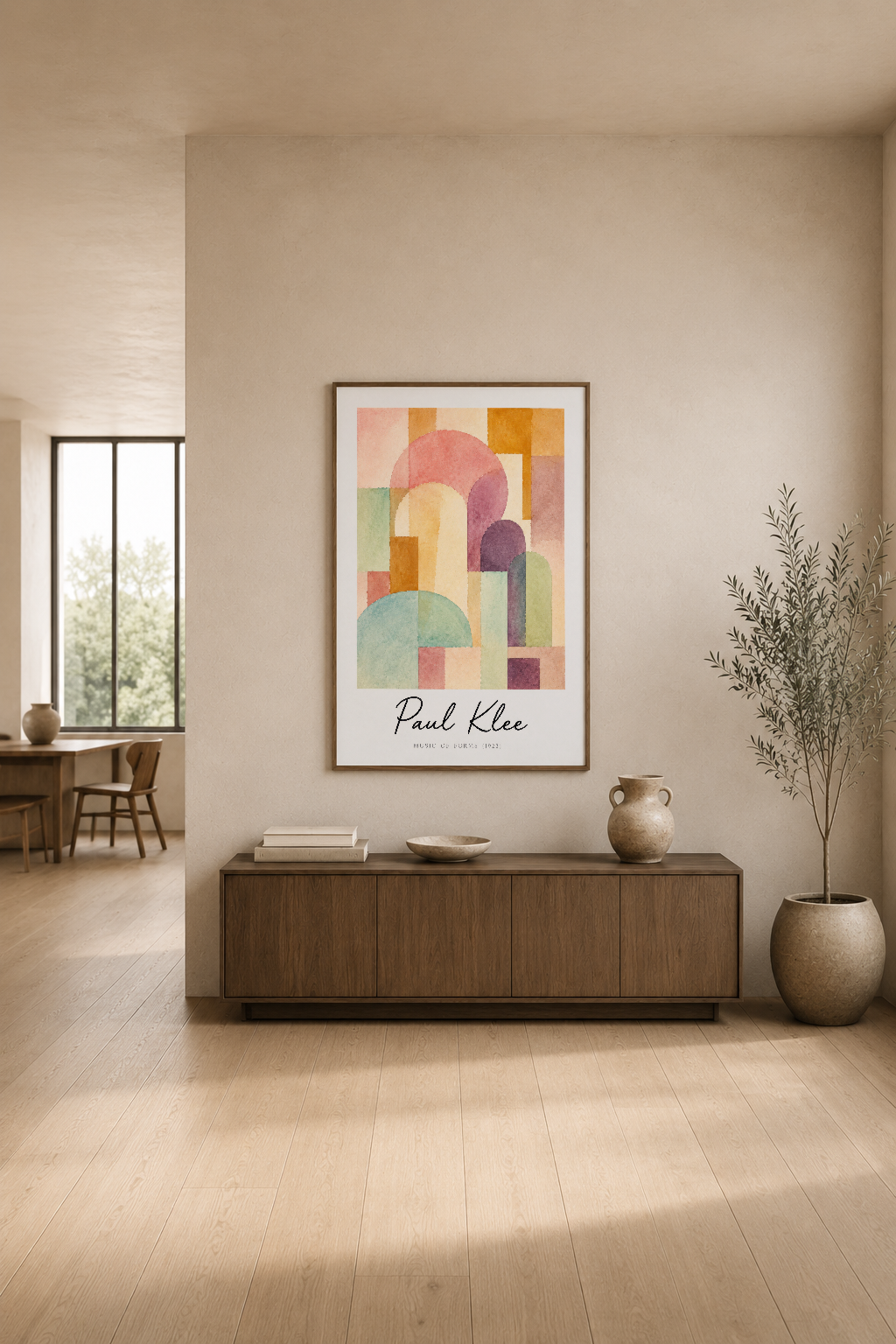 Pastel tonlarındaki soyut mimari tasarım, Paul Klee imzalı poster, modern oturma alanında sergilenen sanat eseri.