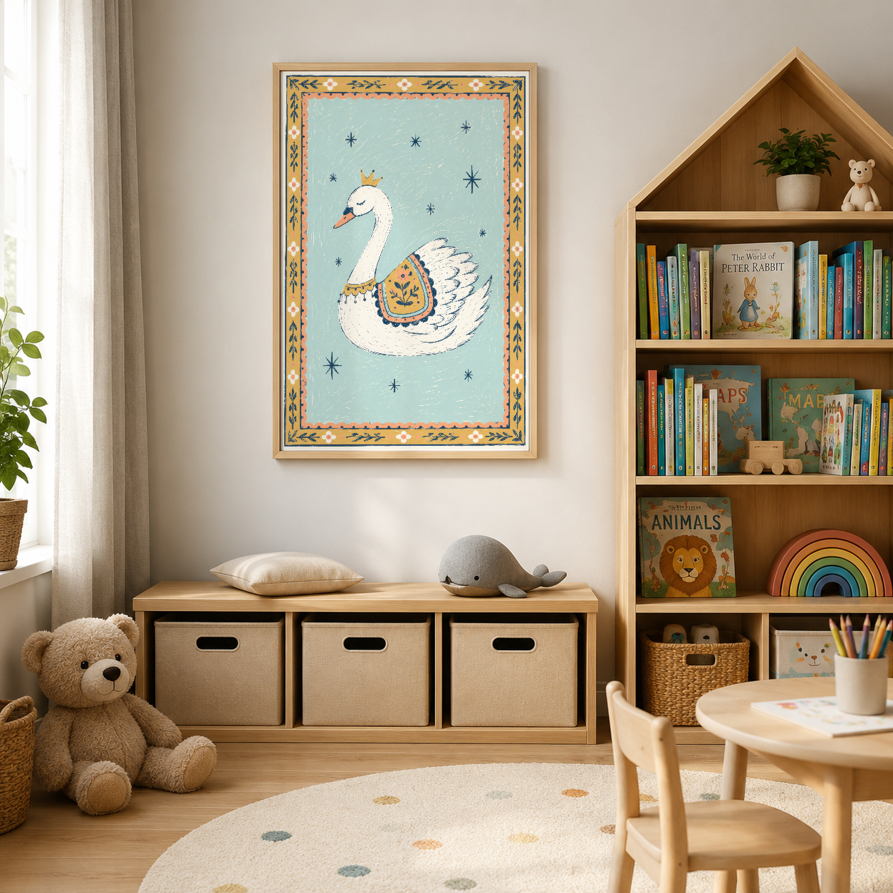 Prenses kuğu illüstrasyonlu tablo, altın çerçeveli dekoratif tasarımı ile modern çocuk odasında kitap raflı duvar sahnesi.