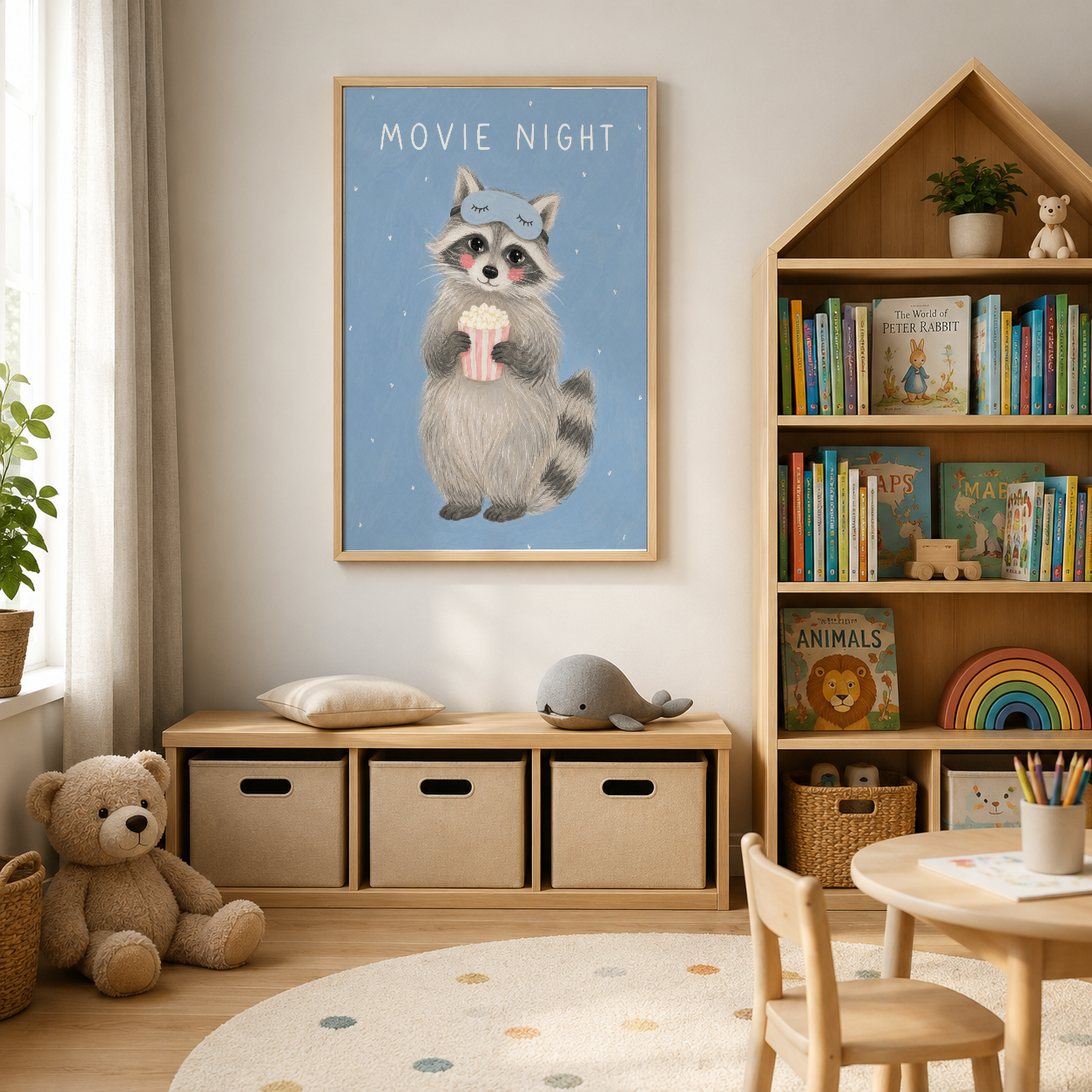 Popcornlu rakunun yer aldığı Movie Night posteri, doğal ahşap çerçeveli çocuk yaşam alanında.