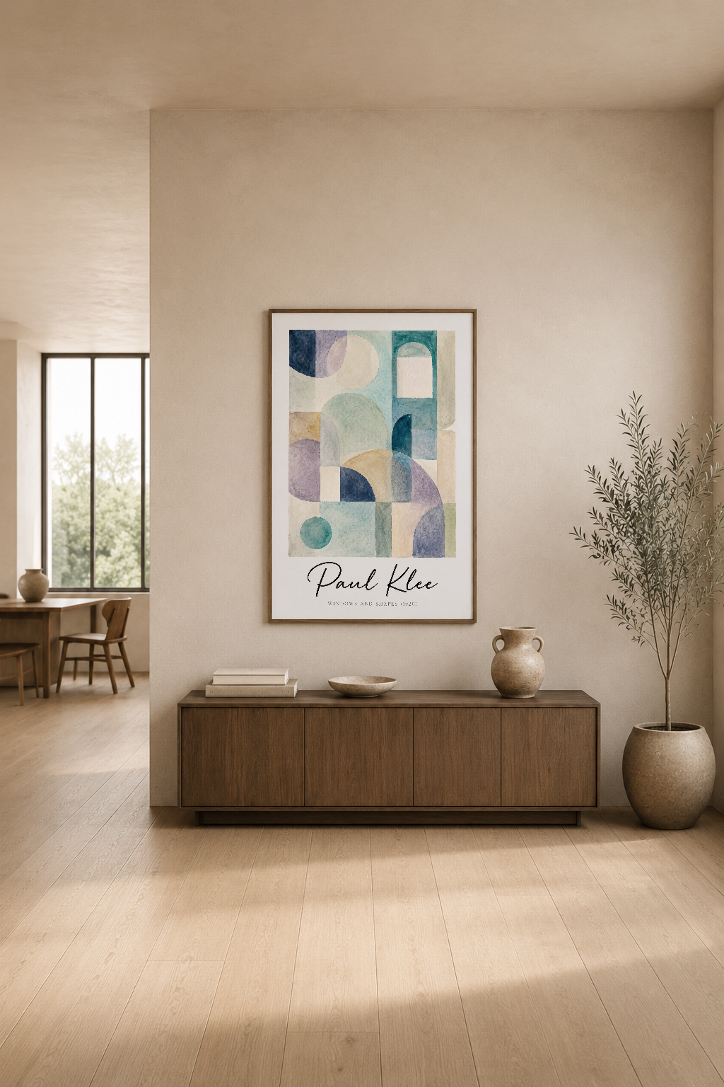 Pastel tonlarında çizgisel ve dairesel formların uyumu, minimalist yaşam alanında zarafet ve denge yaratıyor.