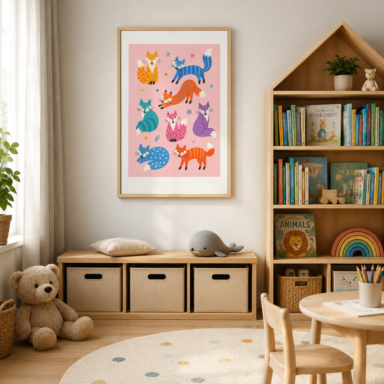Oyun odasında duvar süsleyen, stilize hayvanlar içeren pembe poster, çocukların hayal gücünü uyandıran tasarım.