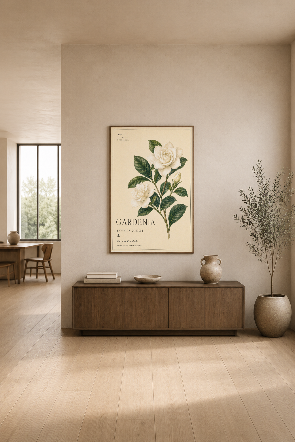 Gardenia Jasminoides baskısı, modern oturma odasının nötr duvarında doğal ve sofistike bir dekorasyon unsurunun.