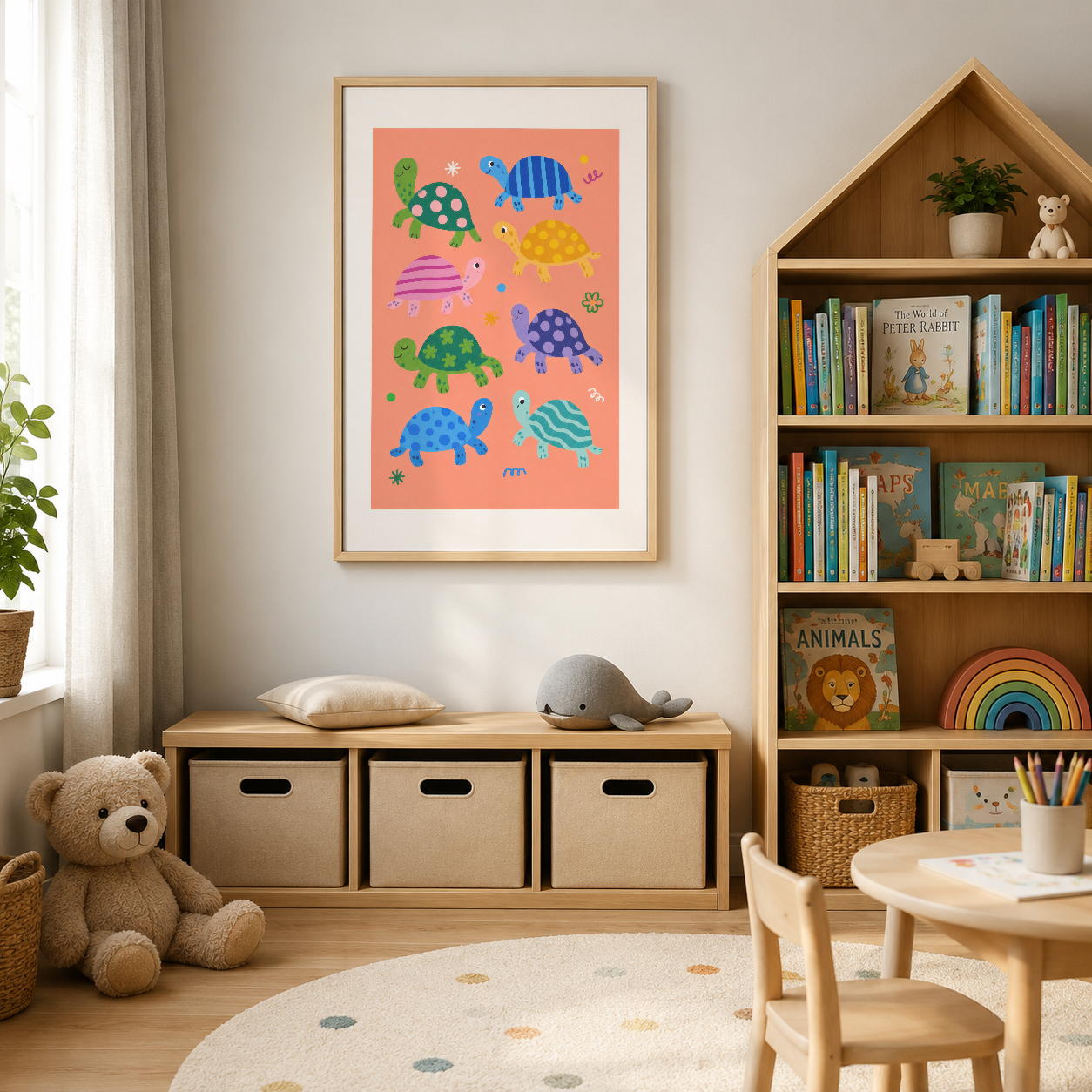 Oyuncu çocuk odasında duvar tablosu, canlı renkli kaplumbağa desenli poster.