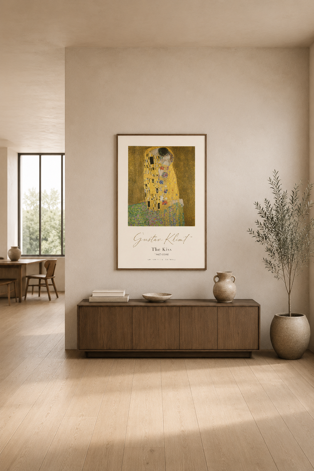 Çağdaş oturma odasında, konsol üstünde sergilenen Klimt sanat posteri, doğal ışık ve minimalist dekorasyonla.