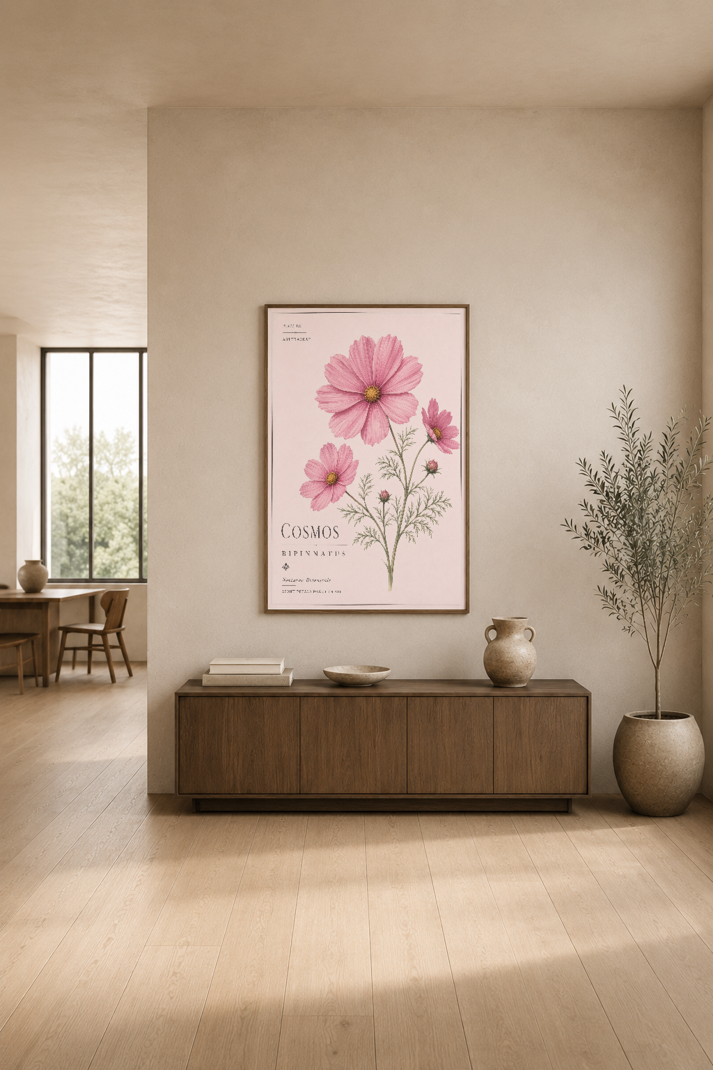 Zarif pembe cosmos baskısı, açık ahşap iç mekanın konsol masası üzerinde modern minimalist konumlandırma.