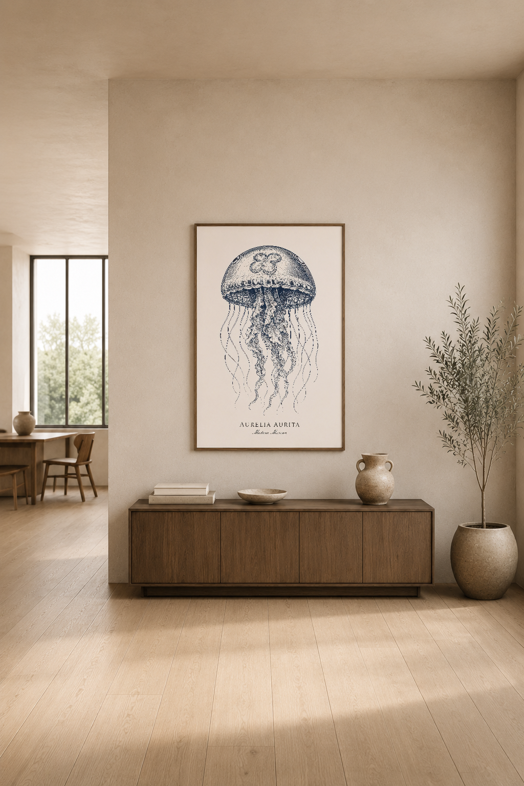 Bilimsel denizanası illüstrasyonu, modern oturma alanında ahşap konsol üstünde asılı dekoratif poster.