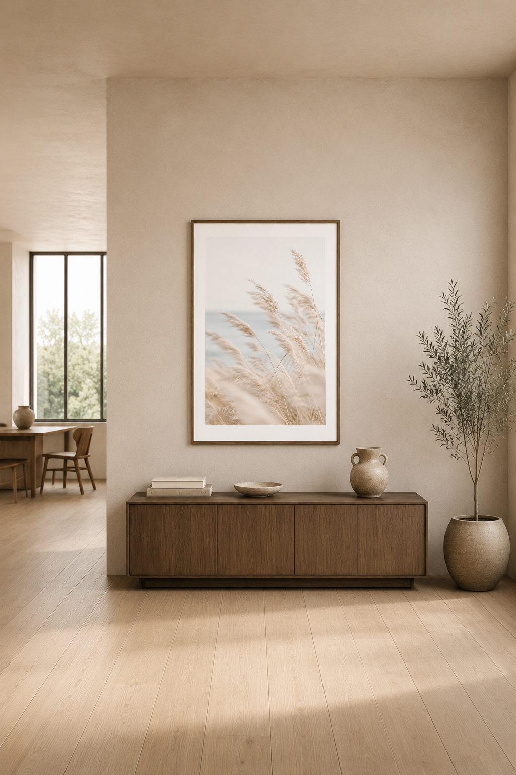 Beige duvarında asılı buğday tarlası posteri, bej oturma odasının dekorasyonunu tamamlayan minimalist stil.
