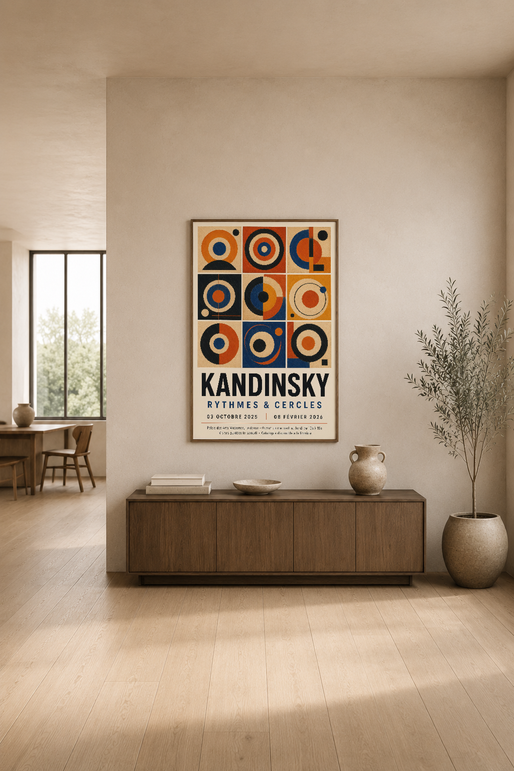 Kandinsky Ritimleri ve Çemberler posteri, modern minimalist oturma odasında, ahşap dolap üstünde asılı.