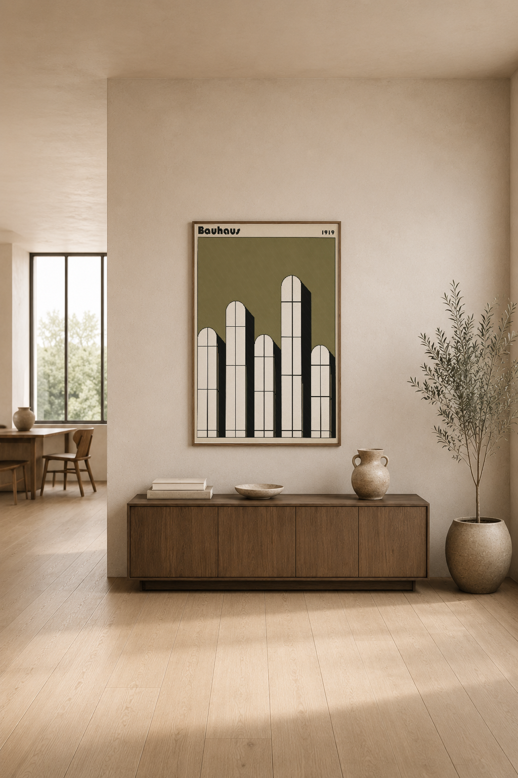 Bauhaus poster, ahşap konsol üstünde asılı, modern oturma odasında minimalist dekorasyon stiliyle.