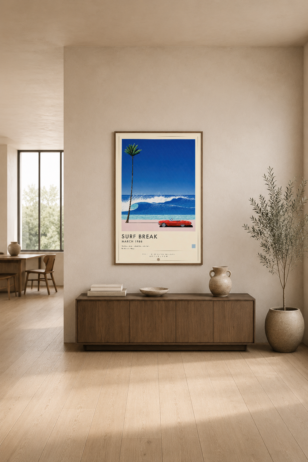 Açık mavi deniz ve krem tonlu minimalist iç tasarımda sergilenen surf temalı duvar sanat eseri.