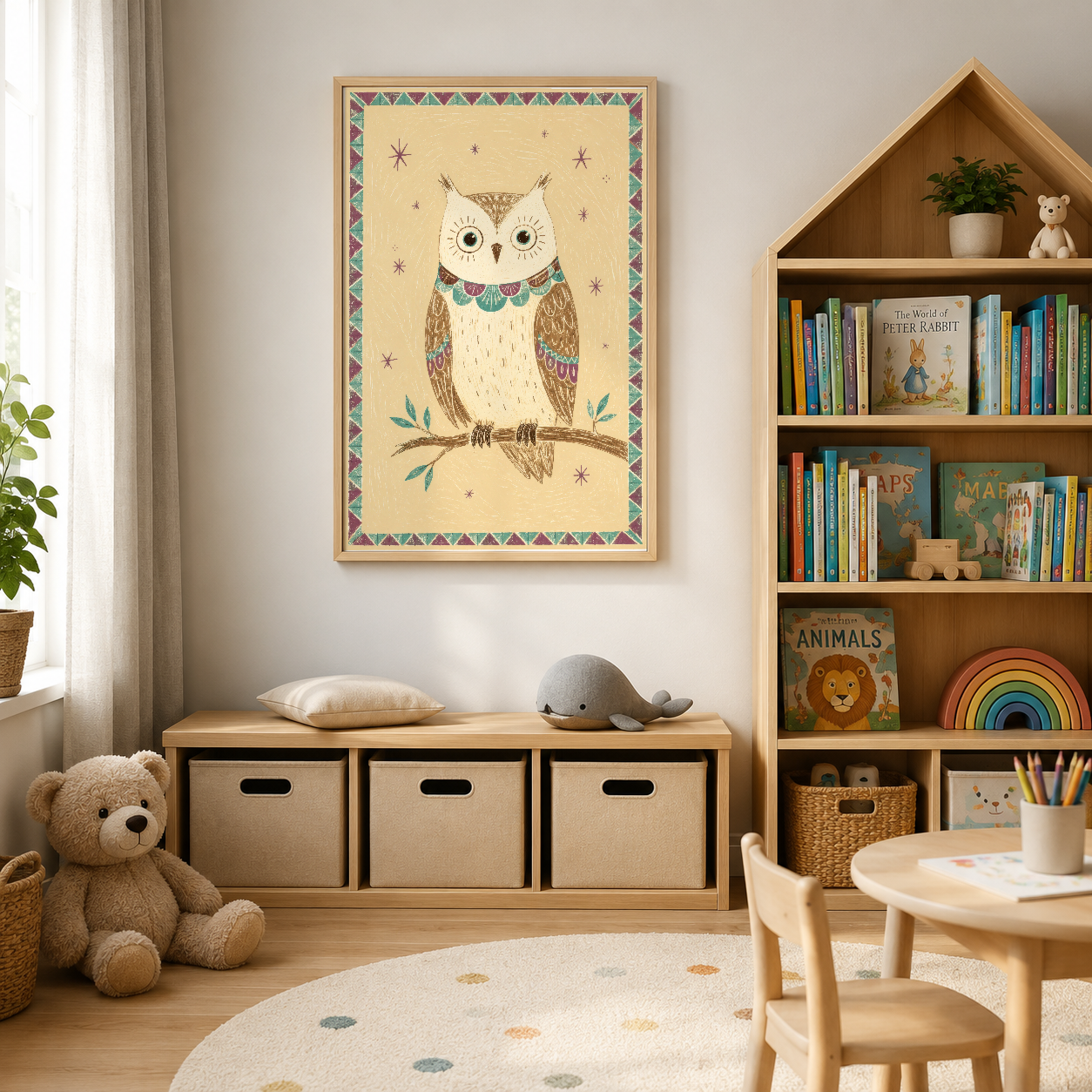 Etnik desen baykuş posteri, doğal ahşap raflarla çevrili çocuk odasının duvarında.