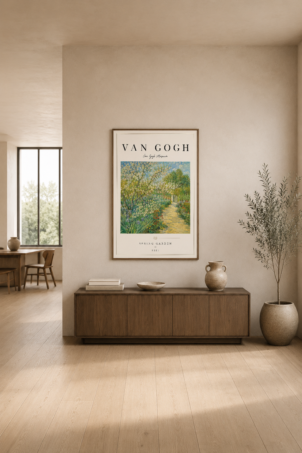 Van Gogh İlkbahar Bahçesi posteri, minimalist oturma odasında doğanın güzelliğini sanat eseriyçıyla sunuyor.