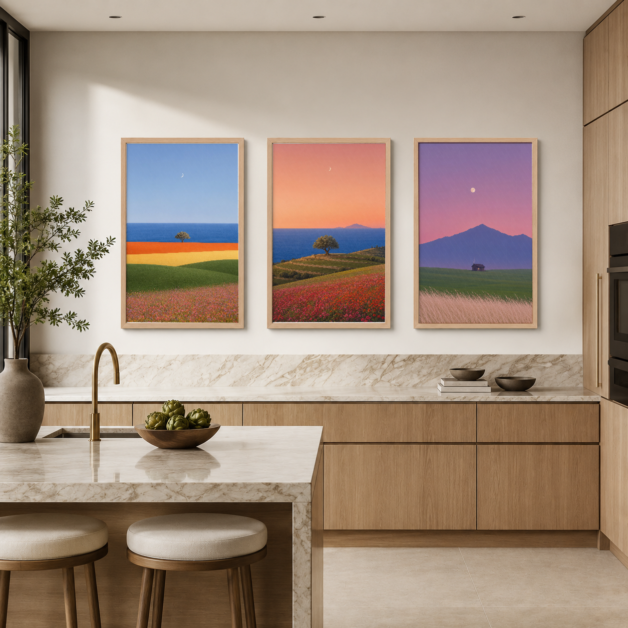 Çiçek tarlası ve dağ manzarası temelli üç parçalı tablo serisi, modern mutfak alanının mermer backsplash üzerinde dekore