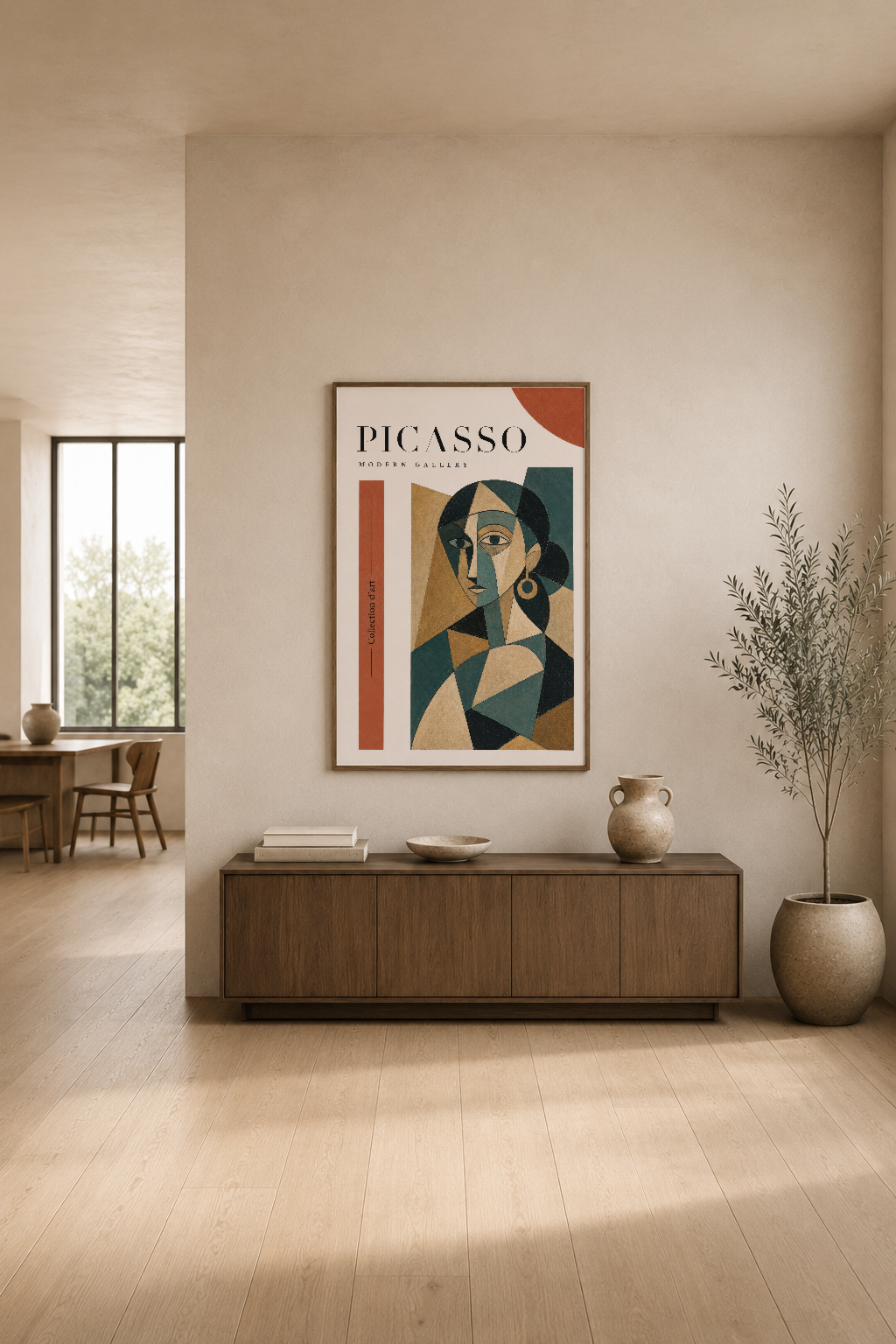 Picasso Modern Gallery posteri, minimalist oturma alanında ahşap konsol üzerine asılı soyut portre sanat eseri.