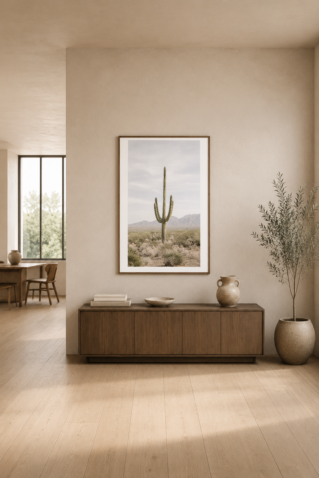 Açık oturma odasında, ahşap depo ünitesinin üstünde asılı saguaro kaktüsü tablosu sakin doğa estetiğini yansıtır.