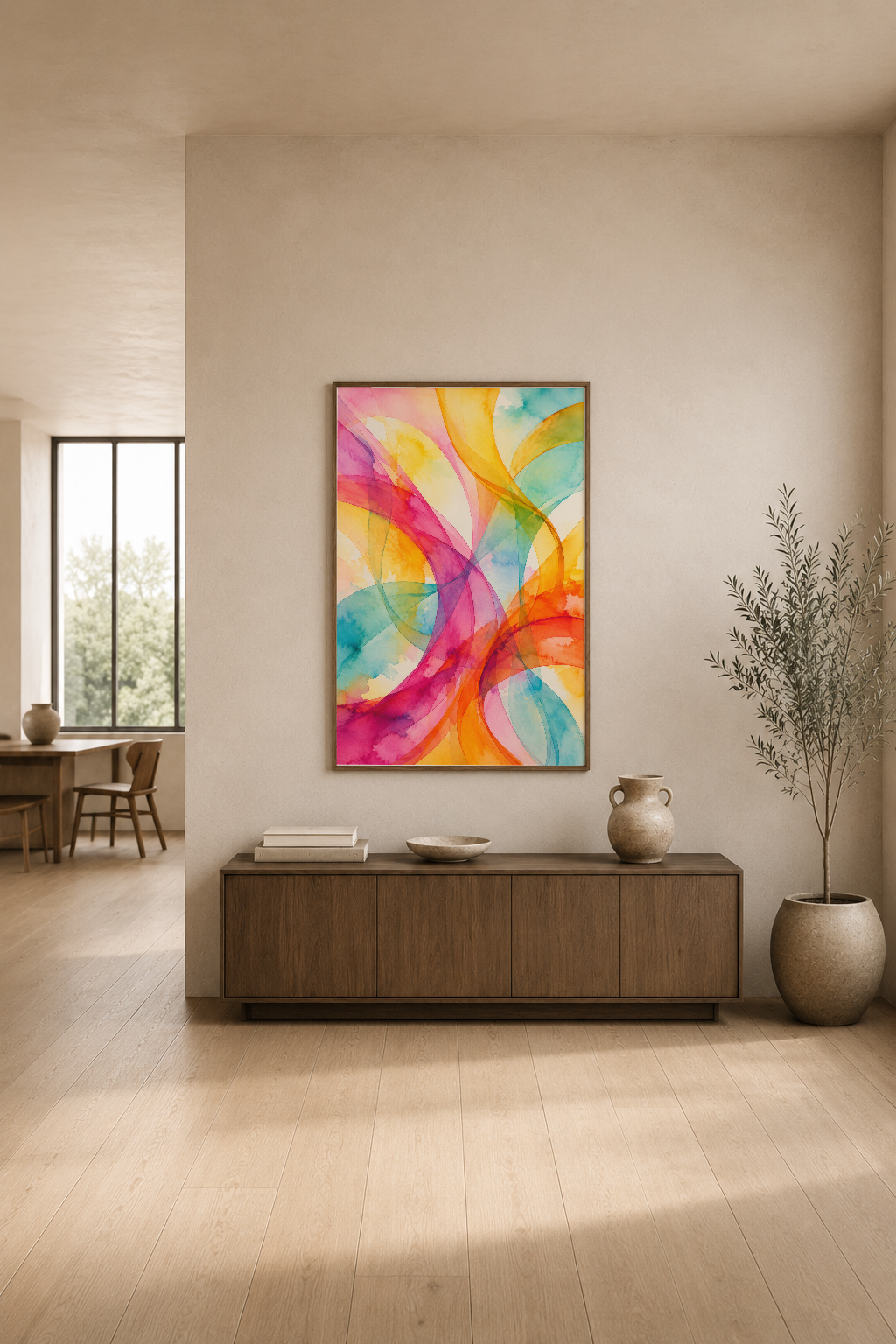 Pembe, sarı, turkuaz tonlarındaki dinamik soyut sanat, modern oturma odasının duvarında asılı.