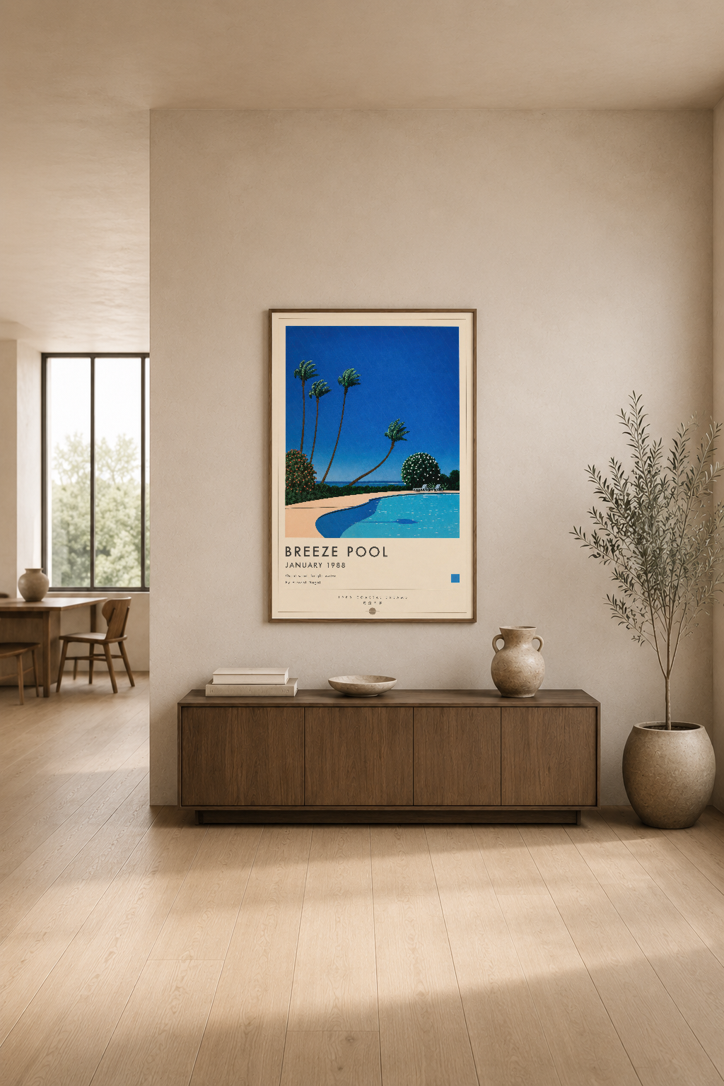Breeze Pool tablı, modern oturma odasında ahşap ünite üzerinde sergilenerek, canlı mavi gökyüzü ve plaj manzarasıyla rahatlık