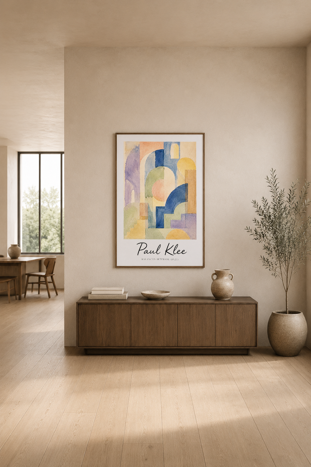 Pastel tonlu iç mekanda, Paul Klee'nin soyut şehir görünümü tablosu minimalist tasarımla duvar dekorasyonu yapıyor.