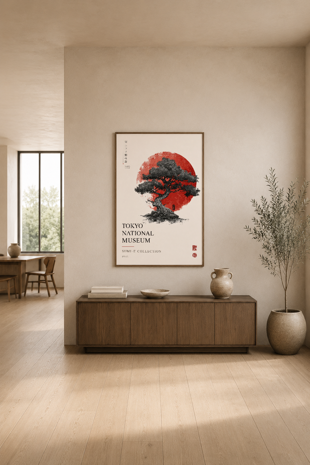 Sanat müzesi temalı ağaç posteri, modern oturma odasında konsol üstünde seramik vazolarla zarif sergileniş
