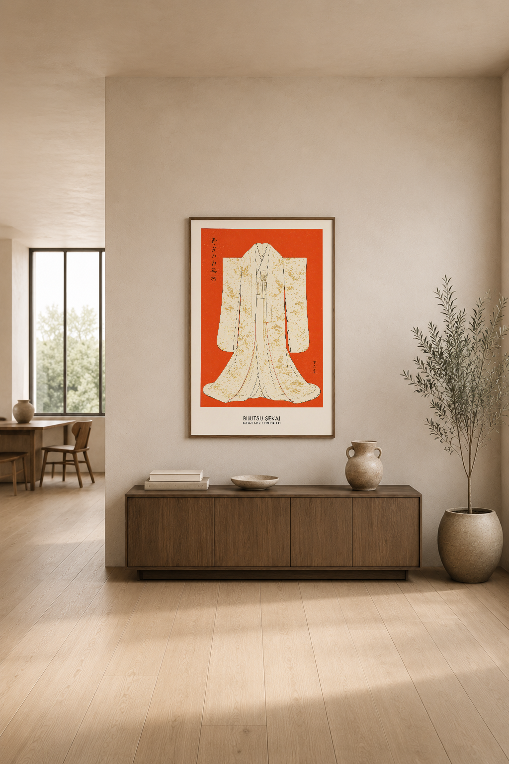 Minimalist oturma odasında, krem duvarlar ve ahşap mobilyalar arasında, turuncu arka planlı kimono tablosu zarif dekorasyon