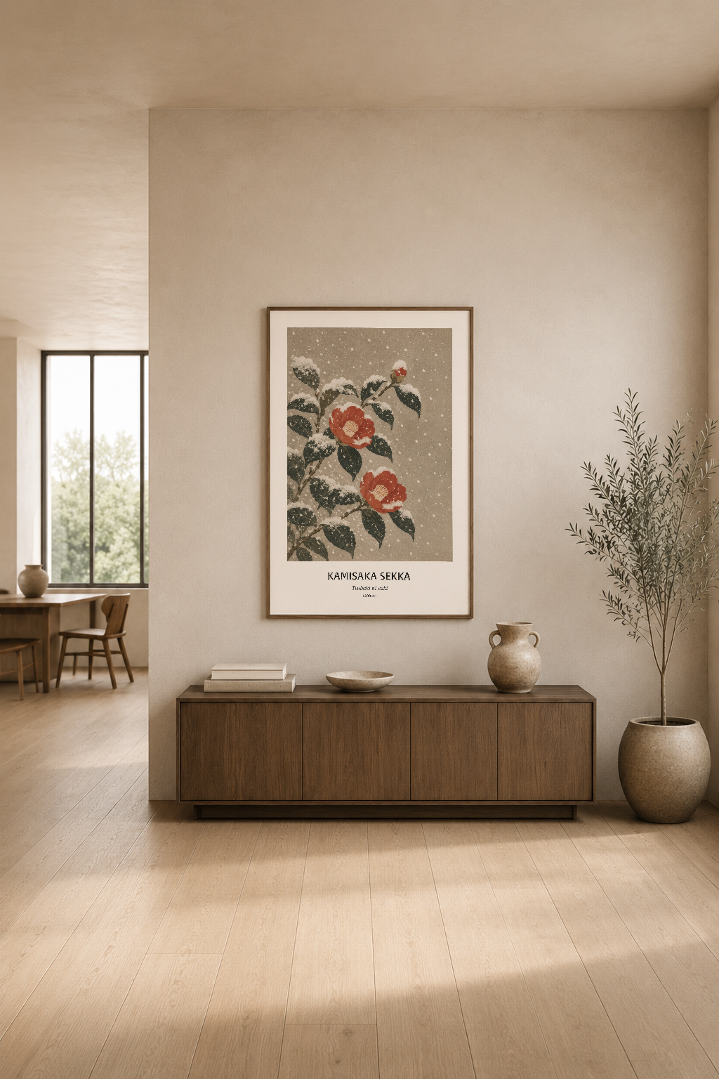 Japon sanat tablosu, modern minimalist yaşam odasında ahşap mobilya ve vazo dekorasyon ile uyumlu şekilde yerleştirilmiş.