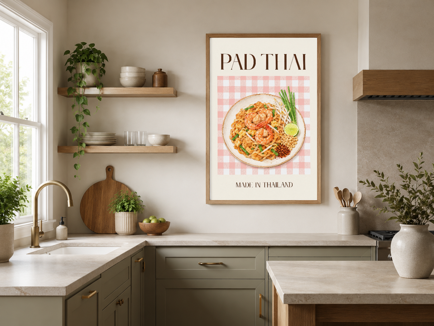 Tayland mutfağını kutlayan Pad Thai posteri, ahşap çerçevesiyle doğal dekorasyon tamamlıyor.