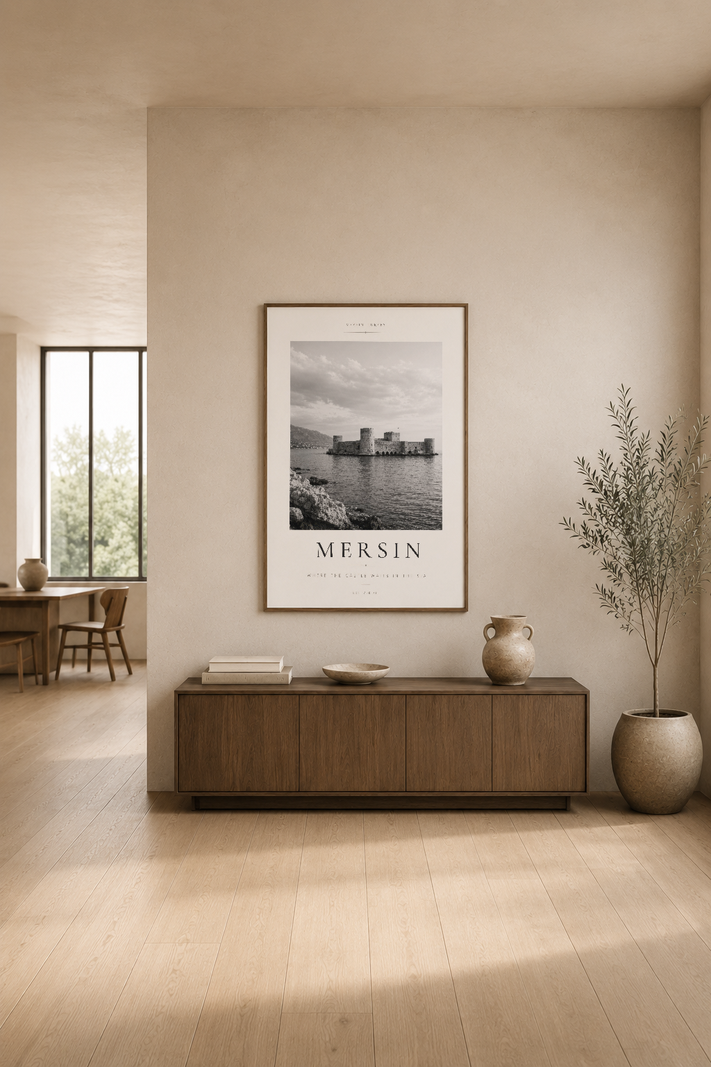 Mersin kale fotoğrafı tablosu, minimalist iç tasarımlı oturma alanının duvarında asılı.