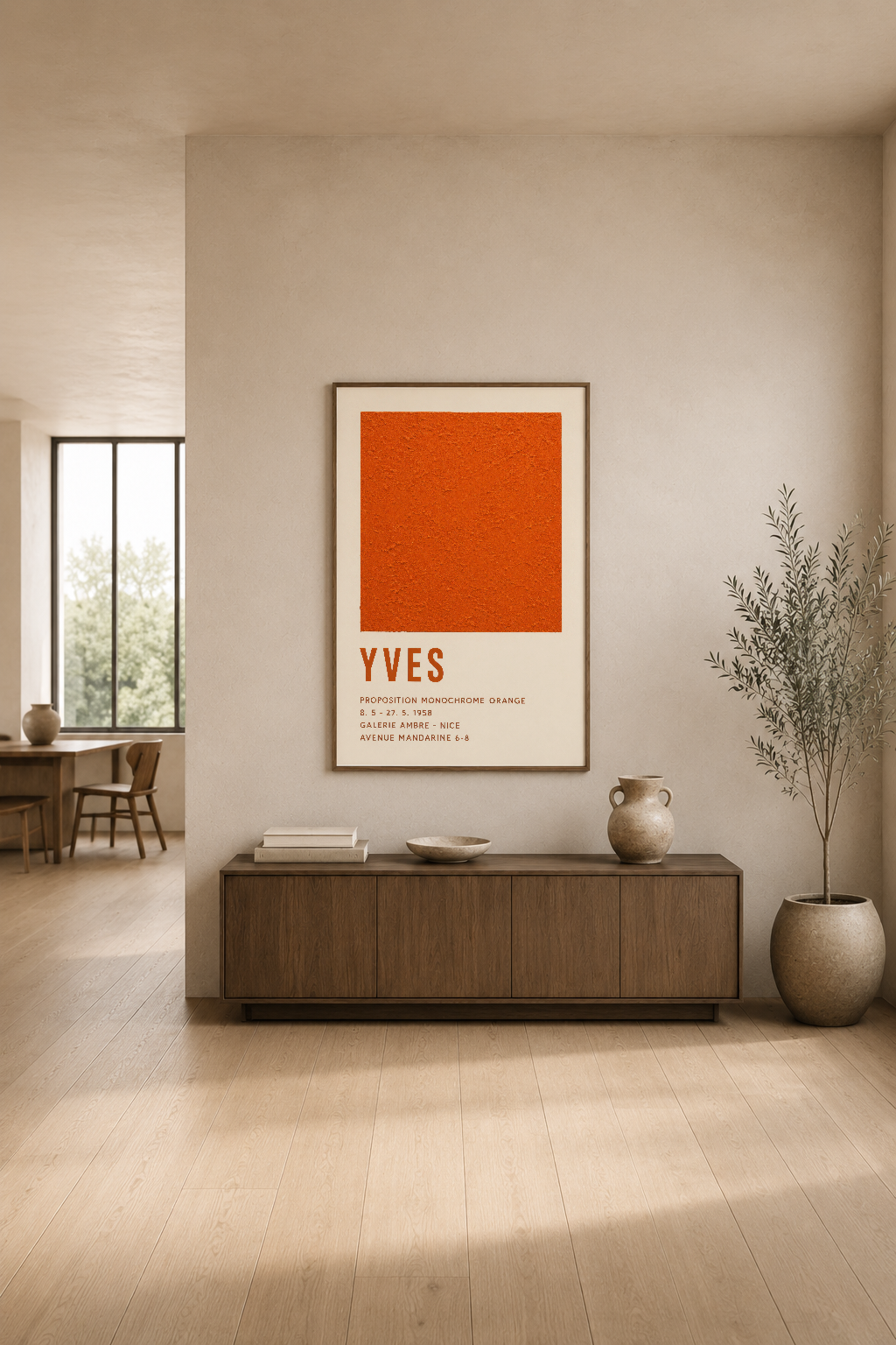 Minimalist oturma odasında, ahşap komidin üstündeki beyaz duvarda canlı turuncu YVES tasarım tablosu.