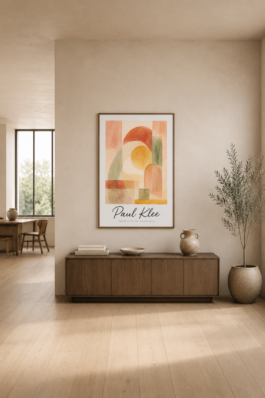 Sıcak tonlu geometrik şekillerin harmonisi, minimal oturma odasının duvarında asılı Paul Klee sanat tablosu.