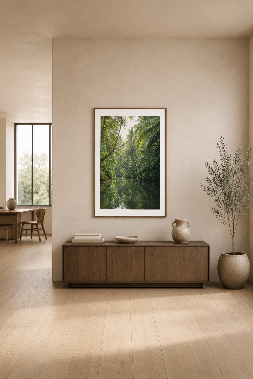 Minimalist modern oturma alanında, beyaz çerçeveli yeşil orman tablosu, ahşap mobilya ve dekoratif bitkilerle doğa temasını