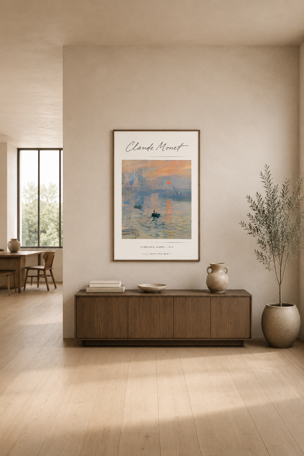 Soyut tasarımcı salon dekorunda Monet'nin ünlü eserini sunan zarif duvar tablosu.