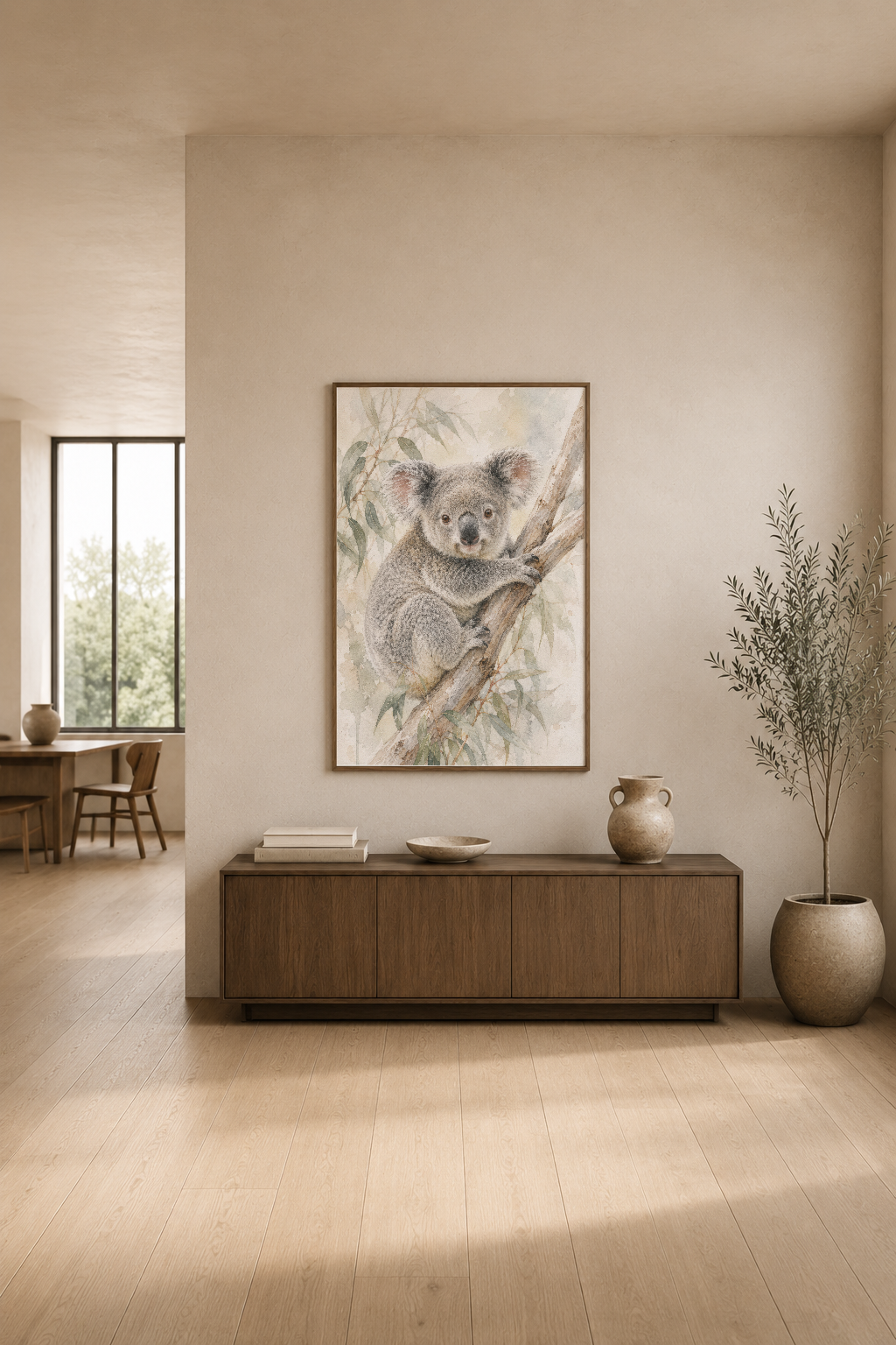 Ahşap mobilya ve bitki aksesuarlarının bulunduğu modern oturma odasında asılı koala tablosu.