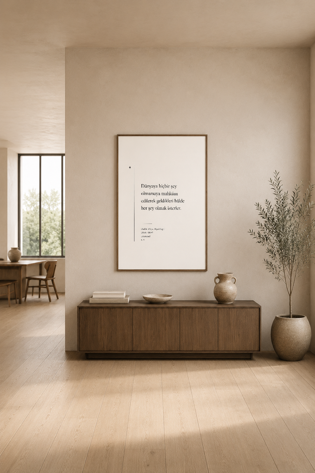 Şiirsel türkçe yazı taslı poster, modern oturma odasında ahşap konsol üstünde sergileniyor.