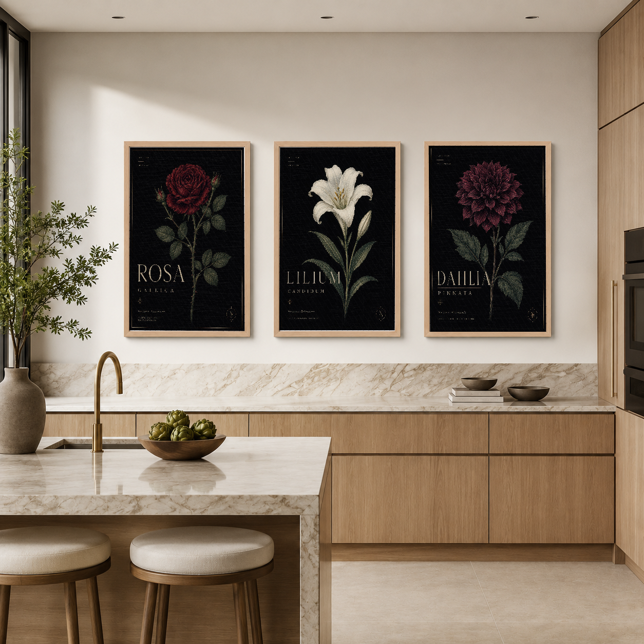 Mutfak alanında mermer backsplash üzerine asılmış, kırmızı gül, beyaz lilyum ve mor dahlia tasvirli üç bölümden oluşan siyah